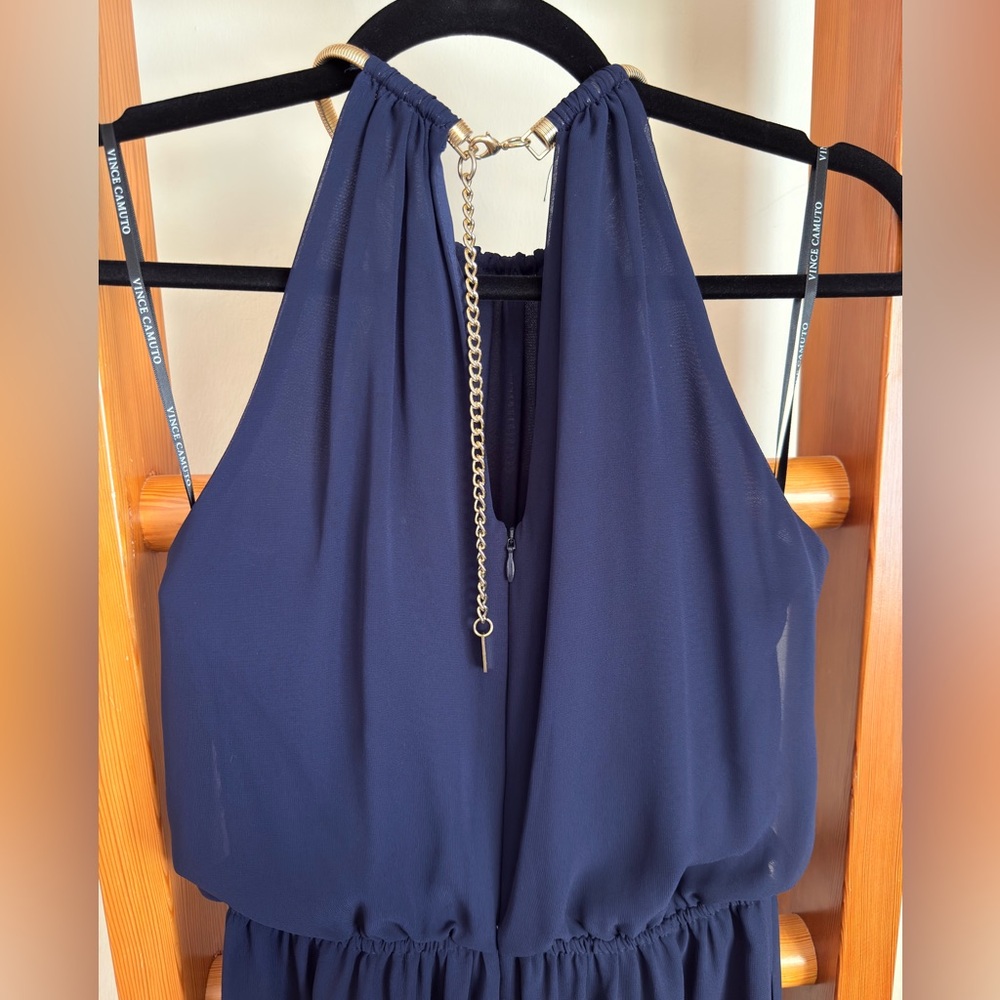 Vince Camuto Navy Blouson Halter Gold Choker Wedding Guest Jumpsuit 4 - Picture 8 of 13